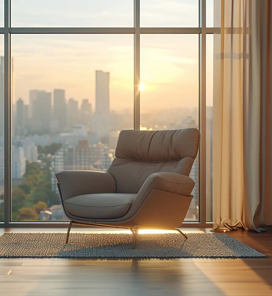 Living room armchair facing a sunlit city view