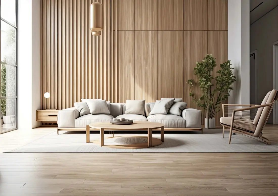 Drawing room with wooden wall panelling and a large sofa