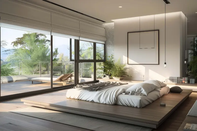 Corner bedroom with floor-to-ceiling windows
