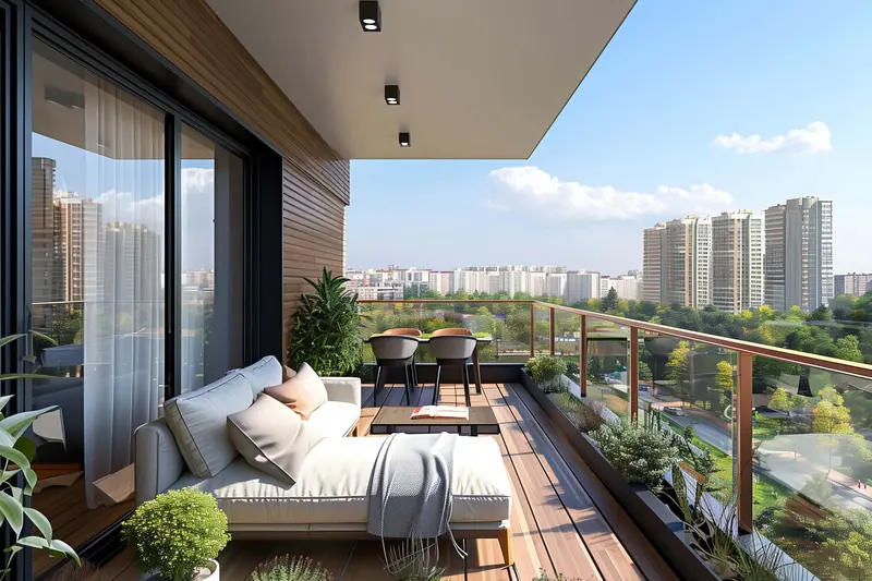 Wide deck with lounge seating and city views