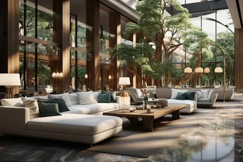Welcome lounge with sofas and indoor greenery