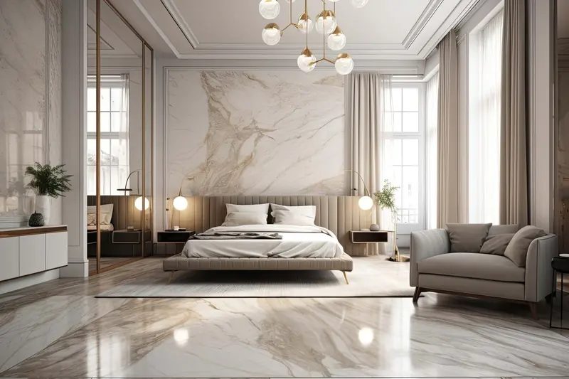 Master bedroom with marble walls and chandelier