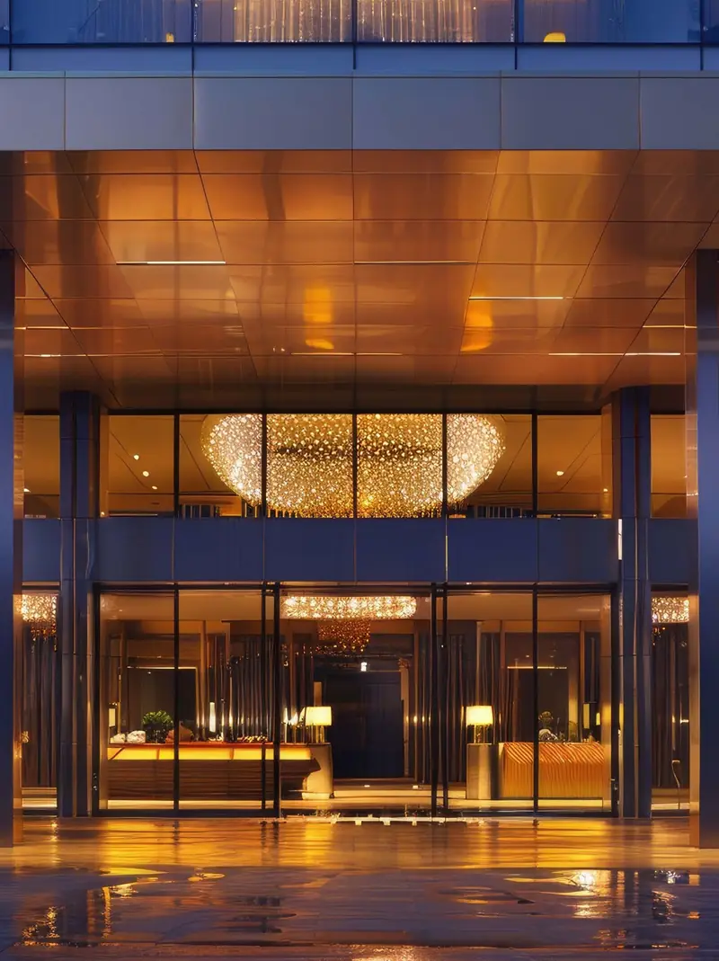 Grand entrance lobby of Dasnac Westminster lit at night
