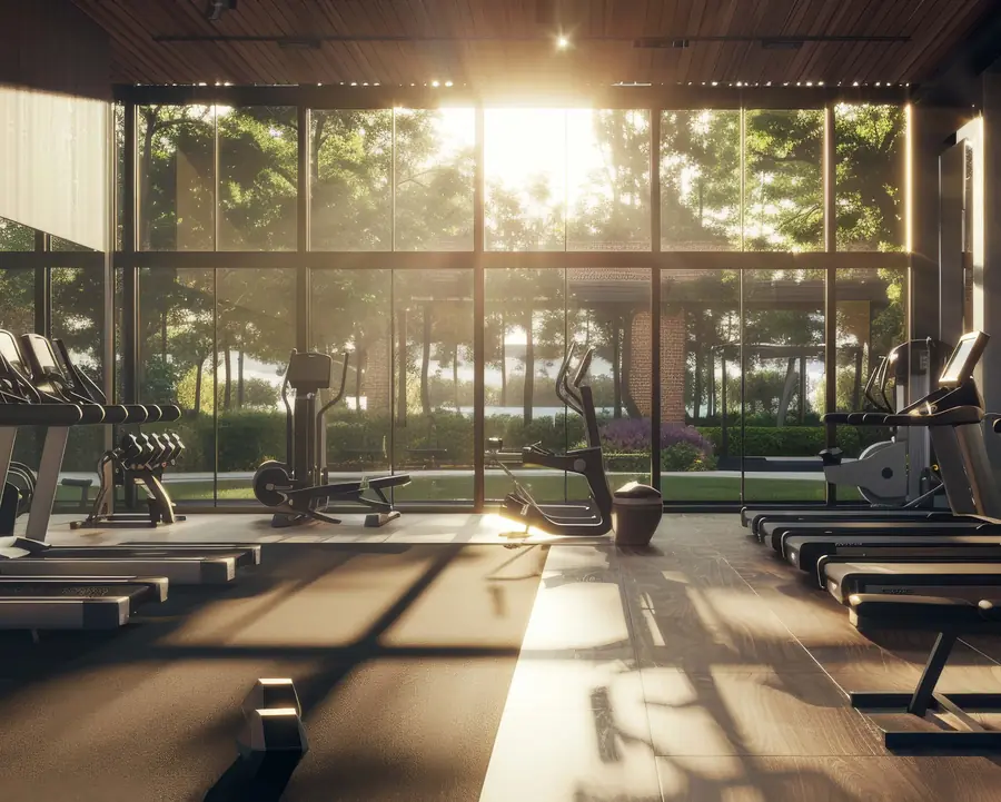 Gymnasium with garden views
