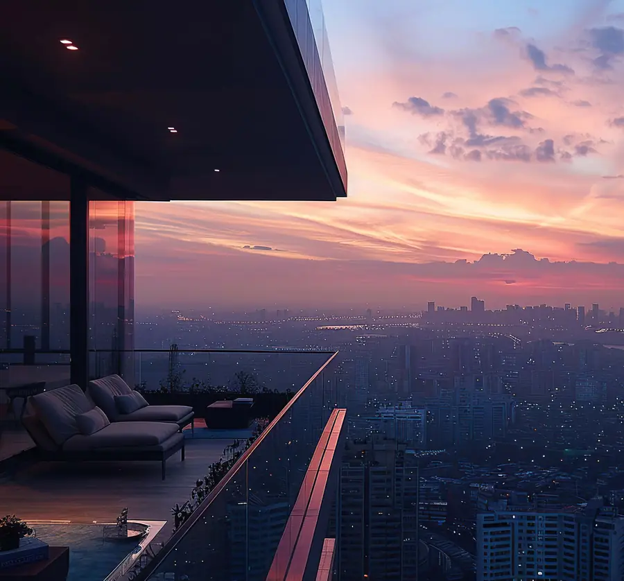 Sky deck overlooking the city skyline at dusk