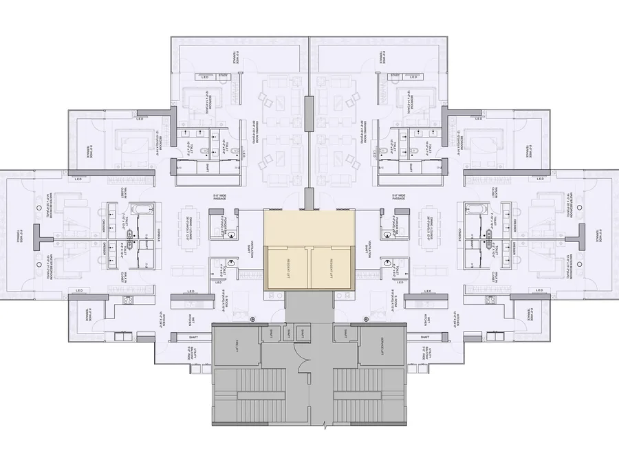 Dasnac Westminster typical floor plan with two apartments per core