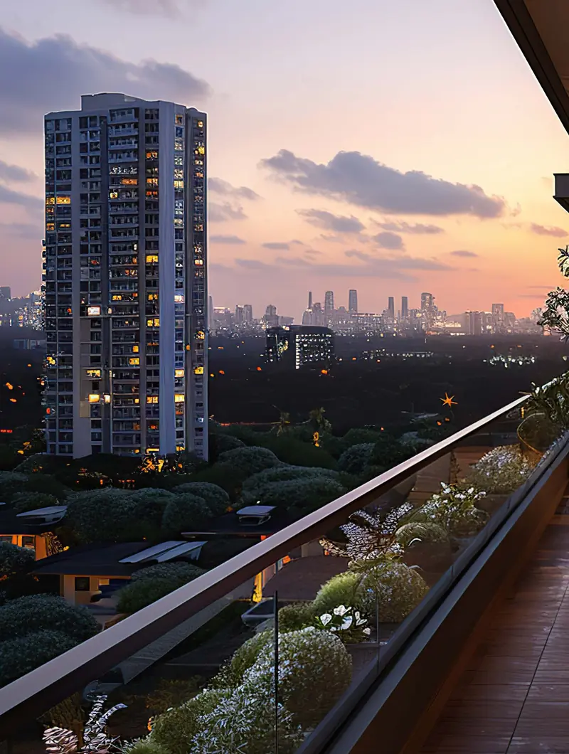 Private deck with city skyline views at sunset